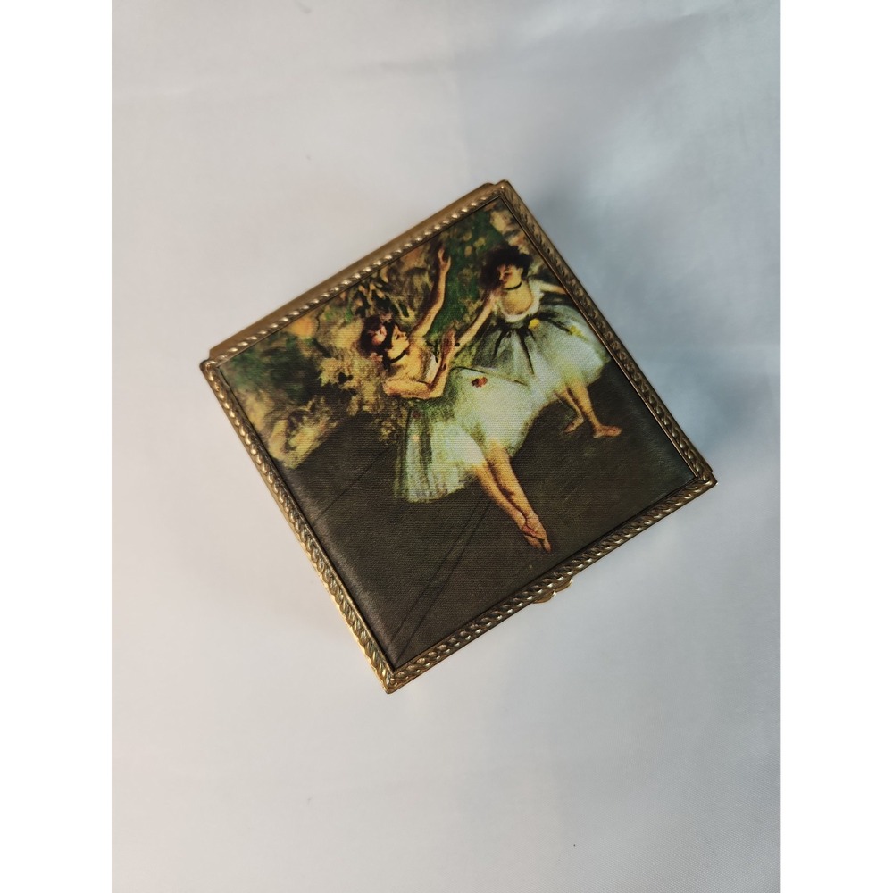 Vintage Brass & Green Velvet Jewelry Trinket Box Danseuses En Jaune by Degas